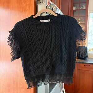 Zara black cable knit ruffle trim sweater vest